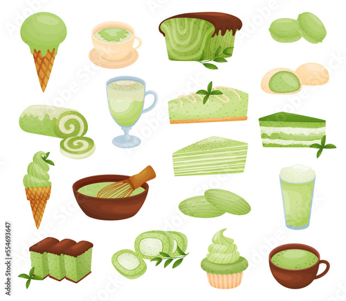 Matcha Sweet Desserts and Tea in Cup Big Vector Set
