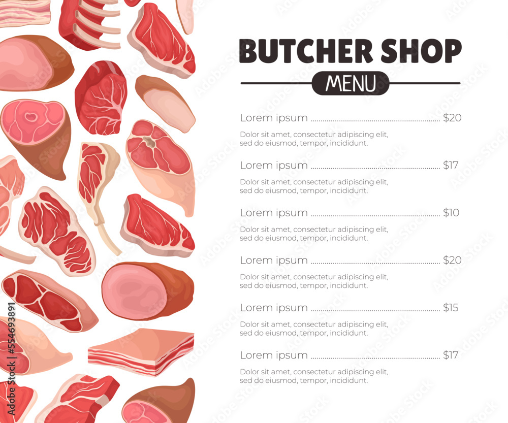 Meat Products Menu Banner Design with Beef Steak, Ham and Lard Vector Template Meat Products Menu Banner Design with Beef Steak, Ham and Lard Vector Template