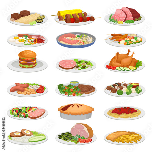 Meat Dish Served on Plate for Restaurant Menu Big Vector Set