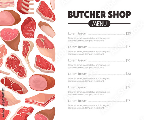 Meat Products Menu Banner Design with Beef Steak, Ham and Lard Vector Template