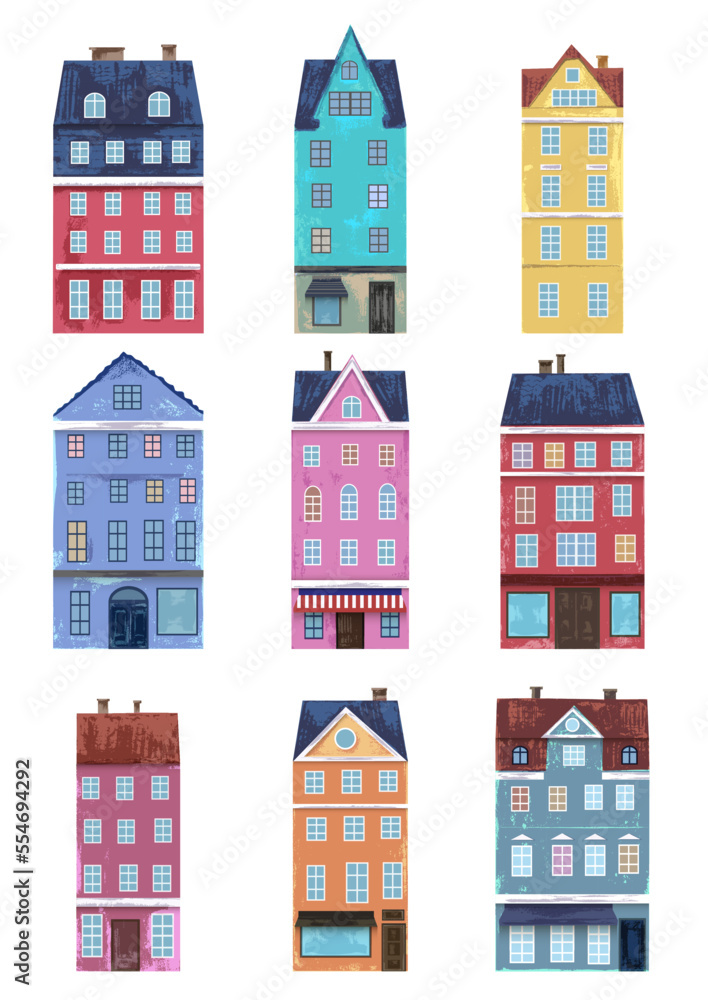 City houses in bright colors with grunge textures