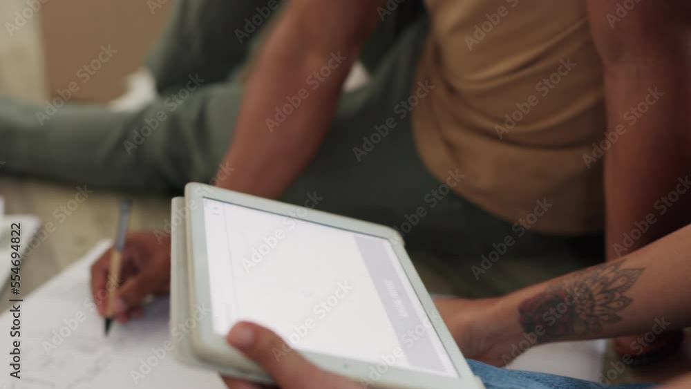 Couple, tablet or architecture blueprint planning in house living room, new home or real estate. Talking woman, man or remodeling paper documents on mockup space technology in digital property design