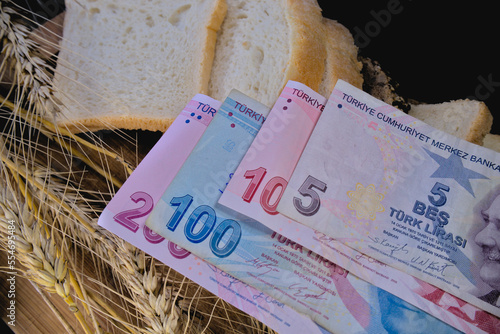 Turkish lira and slices of bread and ears of wheat photo