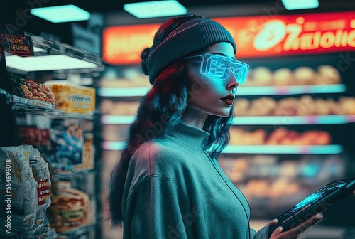 illustration of a woman shopping at supermarket wearing VR headset 