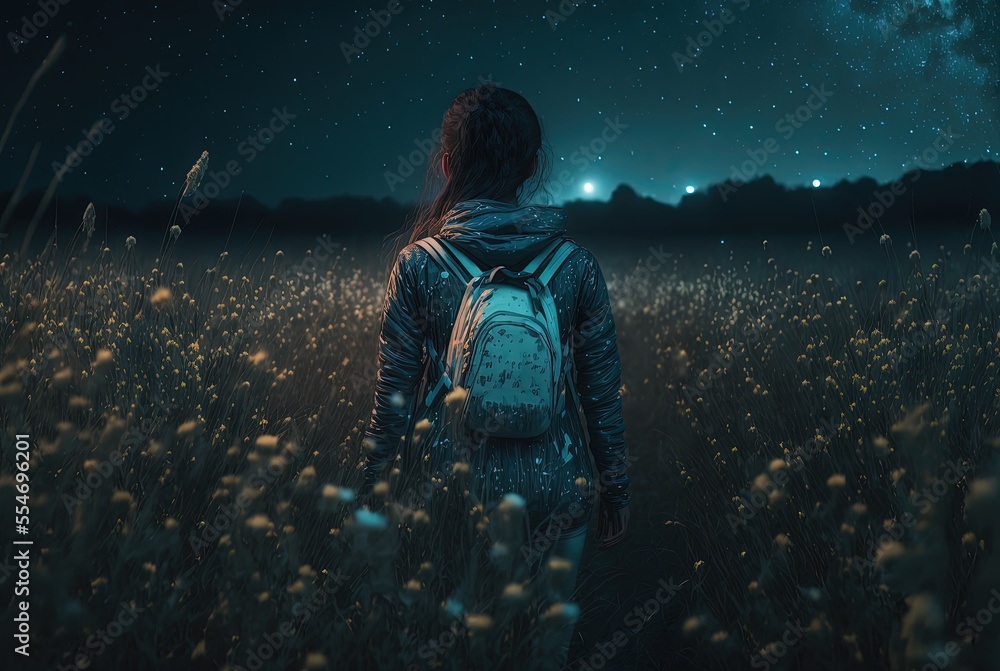 illustration of  a girl walking on the narrow road wild flower field along the way , starry sky , night time