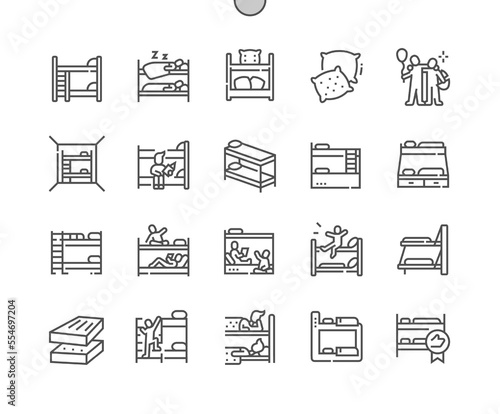 Bunk bed. Childrens room. Mattresses. Furniture in house. Pixel Perfect Vector Thin Line Icons. Simple Minimal Pictogram
