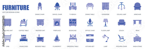 Furniture concept of web icons set in simple flat design. Pack of dining chair, tv bench, table, wardrobe, armchair, shelving unit, fireplace, bookcase and other. Vector blue pictograms for mobile app