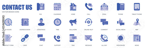 Contact us concept of web icons set in simple flat design. Pack of fax, calendar, home, call, email, phone, 24 hours, address book, support, bullhorn and other. Vector blue pictograms for mobile app