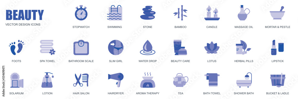 Beauty concept of web icons set in simple flat design. Pack of stopwatch, swimming, stone, bamboo, candle, massage oil, foots, spa, scale, slim girl and other. Vector blue pictograms for mobile app Beauty concept of web icons set in simple flat design. Pack of stopwatch, swimming, stone, bamboo, candle, massage oil, foots, spa, scale, slim girl and other. Vector blue pictograms for mobile app