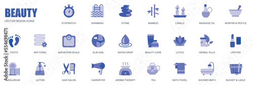 Beauty concept of web icons set in simple flat design. Pack of stopwatch, swimming, stone, bamboo, candle, massage oil, foots, spa, scale, slim girl and other. Vector blue pictograms for mobile app