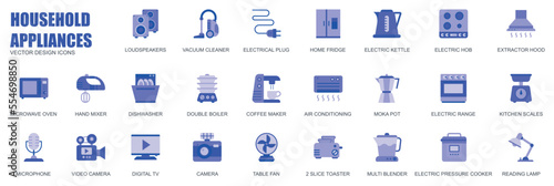 Household appliances concept of web icons set in simple flat design. Pack of loudspeaker, vacuum cleaner, boiler, plug, fridge, microwave oven, mixer and other. Vector blue pictograms for mobile app
