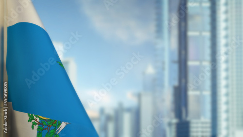 flag of San Marino on modern city architecture bokeh backdrop for any holiday - abstract 3D illustration