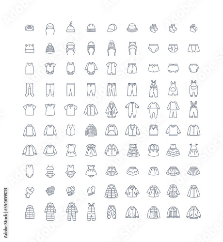 Baby cloth thin line icons. Simple linear pictograms for kids clothing shop. Editable stroke. Children wardrobe garments. Cute outfit for toddler, little boy or girl. Shirt, pants, jacket, dress, coat