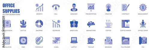 Office supplies concept of web icons set in simple flat design. Pack of growth, call, manager, presentation, contract, address book, document, diagram and other. Vector blue pictograms for mobile app