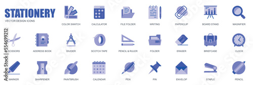 Stationery concept of web icons set in simple flat design. Pack of color swatch, file folder, paperclip, board, stand, magnifier, scissors, calendar and other. Vector blue pictograms for mobile app