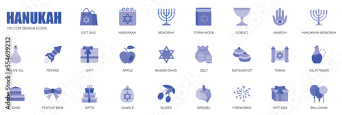 Hanukkah concept of web icons set in simple flat design. Pack of bag gift, firework, menorah, torah book, goblet, hamesh, olive oil, petard, candle and other. Vector blue pictograms for mobile app