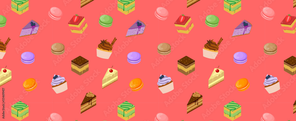Seamless pattern set of cakes and desserts. Cake vector chocolate confectionery cupcake and sweet confection dessert with caked candies illustration Seamless pattern set of cakes and desserts. Cake vector chocolate confectionery cupcake and sweet confection dessert with caked candies illustration