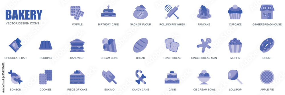 Bakery concept of web icons set in simple flat design. Pack of waffle, birthday cake, rolling pin, whisk, pancake, cupcake, gingerbread, chocolate and other. Vector blue pictograms for mobile app