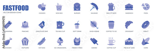 Fast food concept of web icons set in simple flat design. Pack of cookies, wok box, burger, sausage, sandwich, pizza, shawarma, pancake, chocolate bar and other. Vector blue pictograms for mobile app