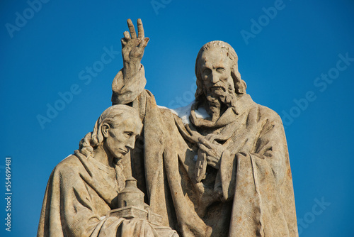 Statue of St. Cyril and St. Methodius on Charles bridge  Prague. Czech Republic.