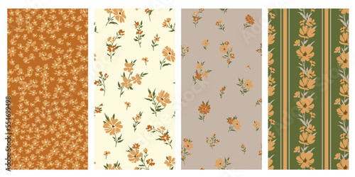 Contemporary spring floral pattern with natural flowers on suburban lawn for digital texture and dress in millefleur style ,ornate vector template