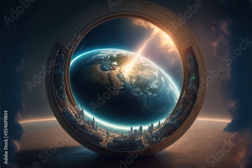 The shape of the earth. Sci-fi background with planet and abstract universe, earth map. Fantasy, Flat planet theory. Earth view from space. AI © MiaStendal