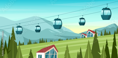Spring and summer mountain landscape. Vector illustration of ski resort with hill, green grass, slope, hotels, cableway, ski lift. Outdoor holiday activity in Alps. Springtime. Horizon background