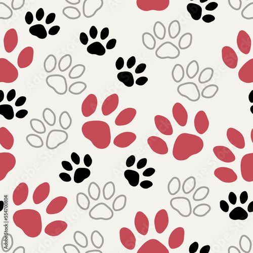 Doodle dog paw seamless background. Black and pink paw track. Pastel colors.Design of websites postcards signs web pages  pet stores.Vector illustration.