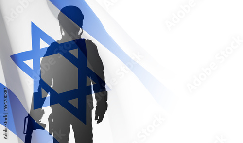 Silhouette of soldier with Israel flag on white background. Concept - armed forces of Israel. EPS10 vector