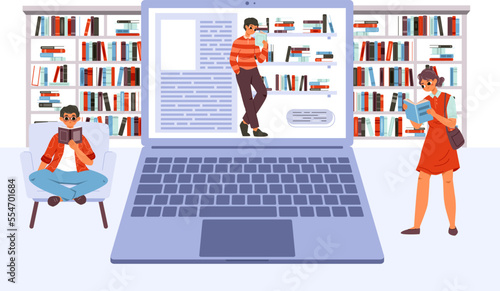 Online library vector concept. Students reading, boy with book on computer screen. Geek education, teens read books. Web bookstore readers vector scene