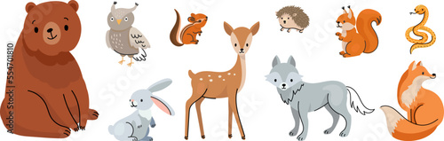 Doodle forest animals, owl deer and cute bear. Cartoon animal scandinavian style. Squirrel and woodland children nowaday characters vector set