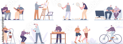 Seniors activities at home and outdoor. Old man cycling, retirement hobby and creative art. Grandparent modern hobbies, workout kicky vector characters