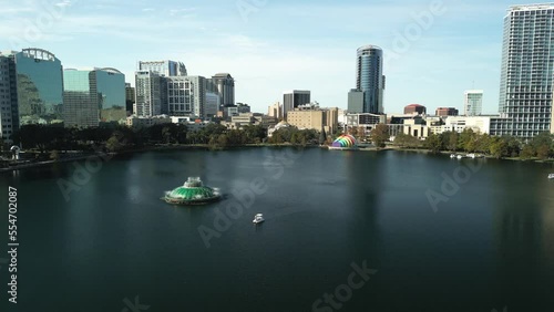 Aerial view of Downtown Orlando Florida from Lake Eola with fountain stock video photo