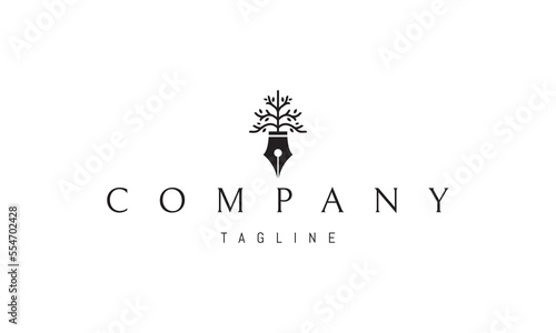 Vector logo on which an abstract image of an ink pen with a tree on top.