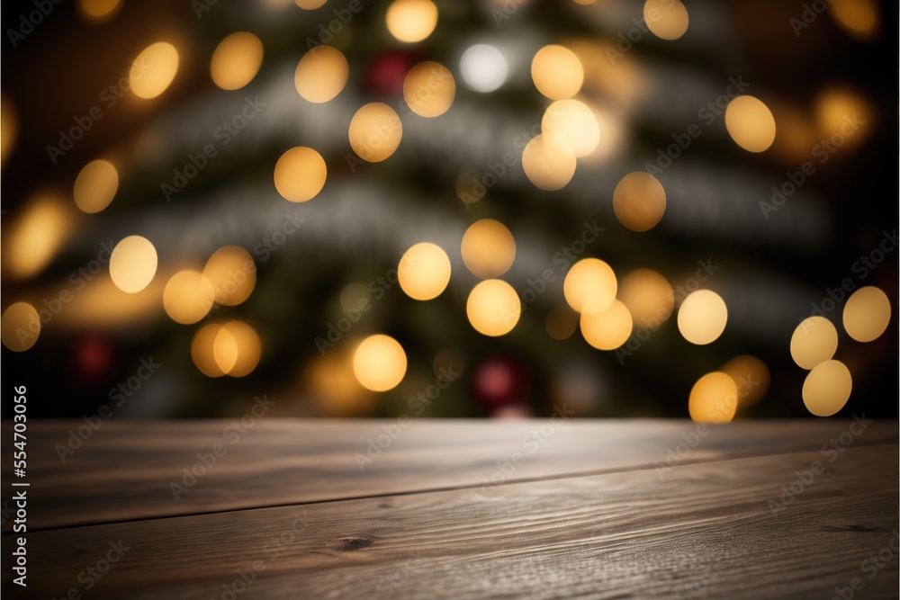 Empty Wooden holiday table with blurred bokeh background. Festive lights, Christmas tree and garlands. AI
