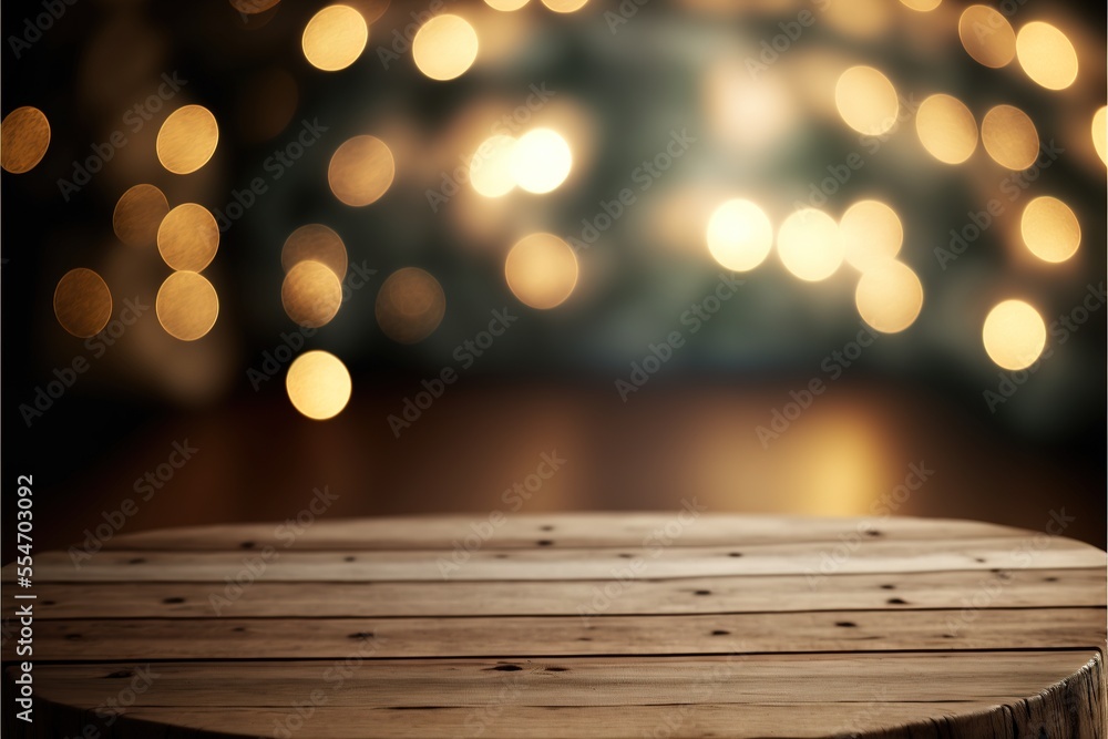 Empty Wooden holiday table with blurred bokeh background. Festive lights, Christmas tree and garlands. AI Empty Wooden holiday table with blurred bokeh background. Festive lights, Christmas tree and garlands. AI