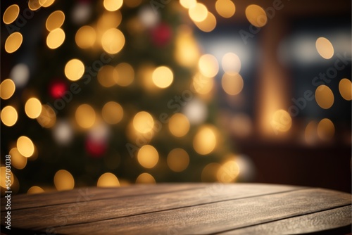 Empty Wooden holiday table with blurred bokeh background. Festive lights  Christmas tree and garlands. AI
