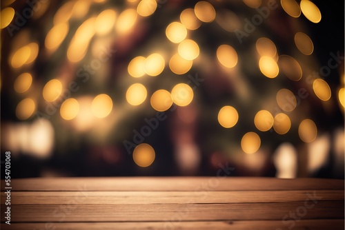 Empty Wooden holiday table with blurred bokeh background. Festive lights  Christmas tree and garlands. AI