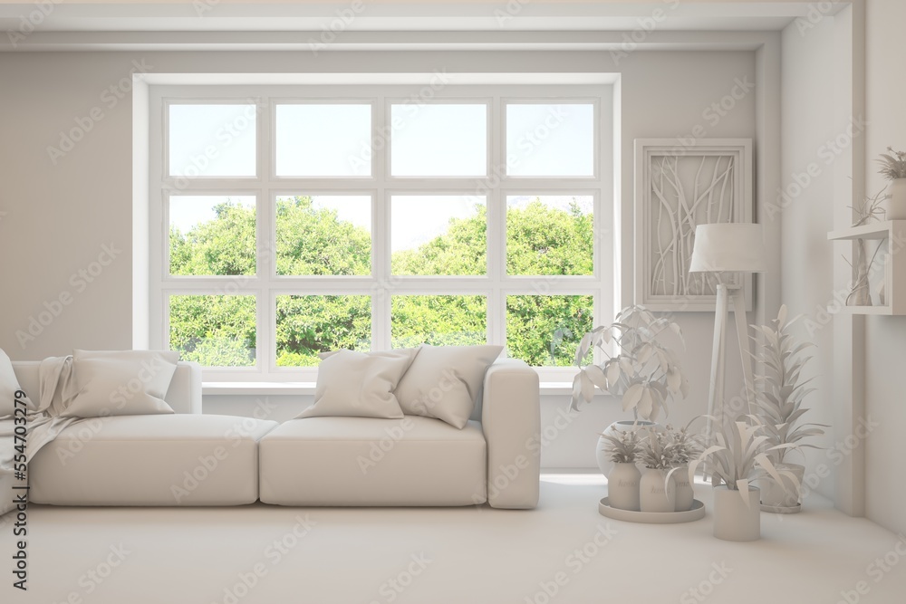 Mock up of stylish room in white color with sofa and green landscape in window. Scandinavian interior design. 3D illustration Mock up of stylish room in white color with sofa and green landscape in window. Scandinavian interior design. 3D illustration