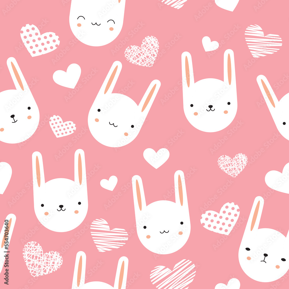 Pattern with cute rabbits and hearts