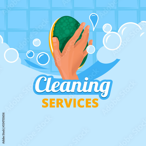 Cleaning service. background with hand holding washcloth and soap bubbles vector templates