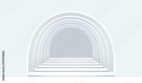 Fototapeta Naklejka Na Ścianę i Meble -  White empty corridor of several round arches in perspective with shadows. Minimal background. Abstract architecture. Vector illustration of archway. Inside interior