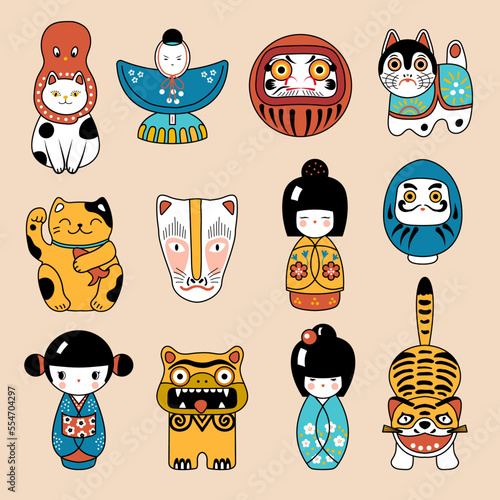 Japanese toys. Asian cultural authentic souvenirs and toys for kids daruma maneki cat kokeshi dolls origami and masks recent vector cartoon template