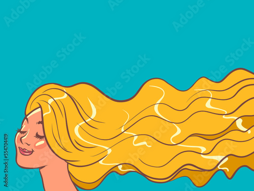 young woman with long yellow redheads hair, young beautiful girl, wind