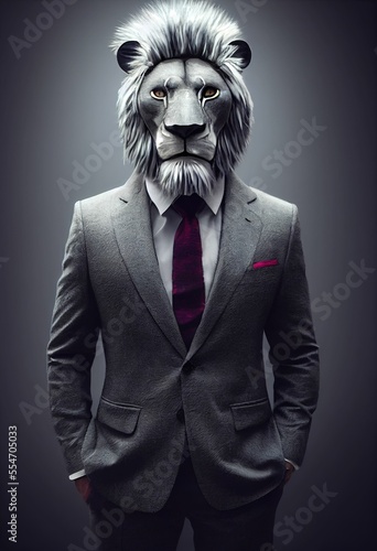 Business man with lion mask and elegant suit  made with Generative AI