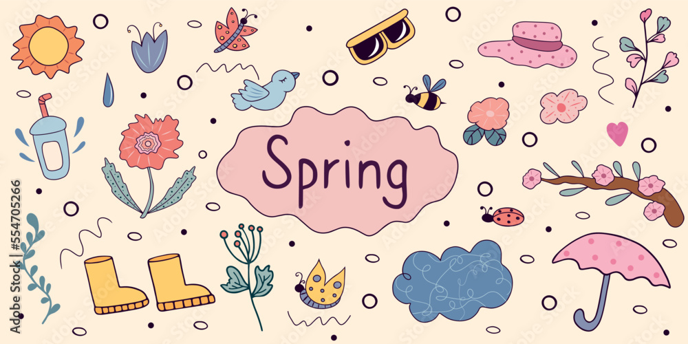 Hand drawn wide colored doodle set on a spring theme. Line illustration with the inscription spring, flowering plants, animals and accessories. Hand drawn wide colored doodle set on a spring theme. Line illustration with the inscription spring, flowering plants, animals and accessories.