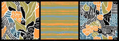 Collection of nautical seamless abstract patterns.Underwater world, algae, fish, shellfish.Hand drawn colored background and texture for printing on fabric and paper.Vector stylized illustration.