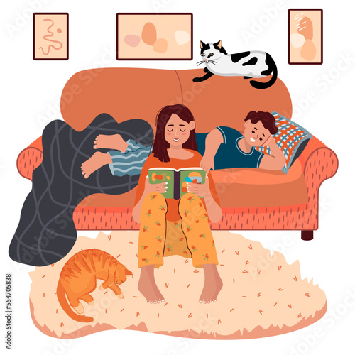 Mom reading  book with her son. Mother is sitting on  rug, kid is lying on  sofa,two cats are sleeping near.Parent and boy resting at cozy home.Vector flat  illustration of family isolated on white.