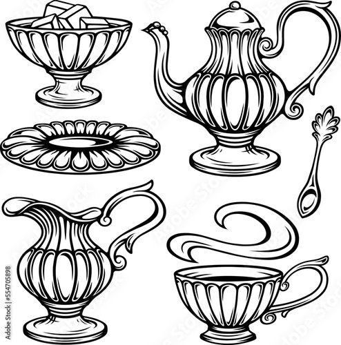 Stylized vintage coffee and tea set. Stylized intricate design and decor tableware elements, line art type. Highly detailed and accurate lines for print or engraving