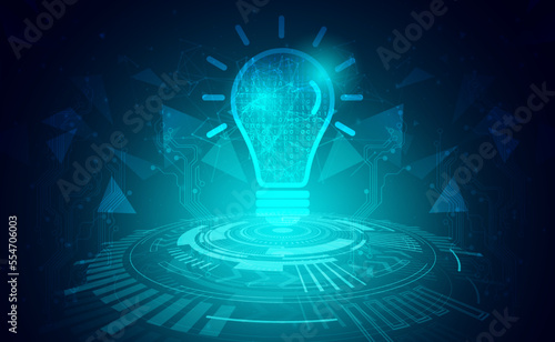 Digital technology creative mind idea thinking blue green background, lamp lighting innovation, abstract tech brain future, Ai big data, care save energy earth, internet network illustration vector 3d